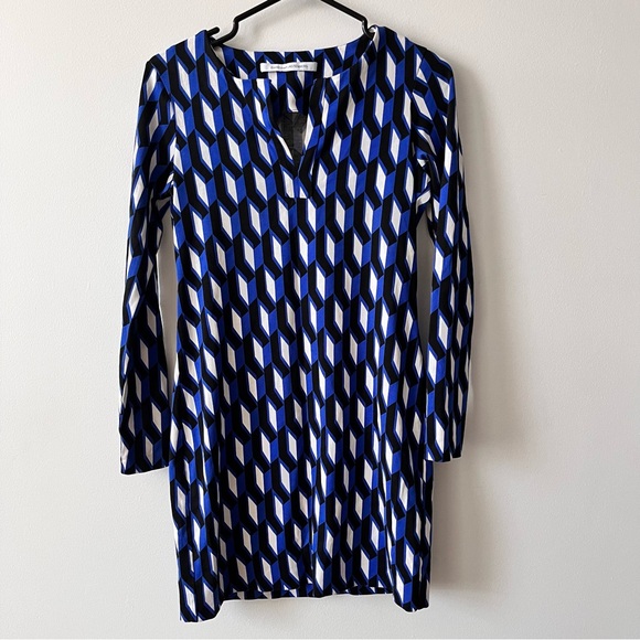 DVF REINA cotton/Silk Jersey Dress XS Diane Von Furstenberg blue white black - Picture 1 of 7